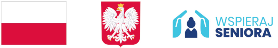 Od lewej, biało-czerwona flaga Polski, godło Polski, logo programu Wspieraj Seniora